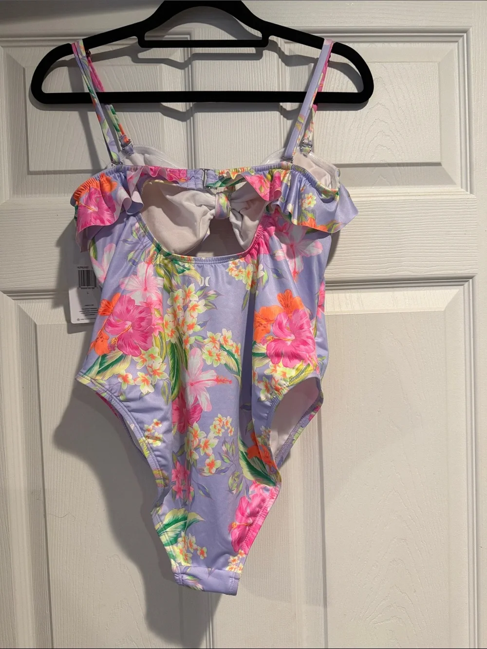 Hurley Lavender Floral Ruffle One-Piece Swimsuit with Pink & Orange Blooms